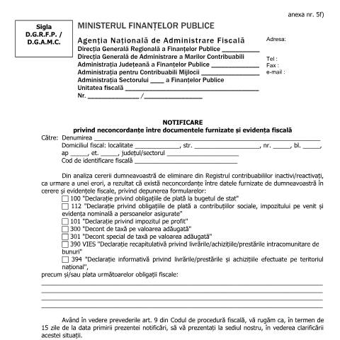 Document preview: Notificare privind neconcordanțe între documentele furnizate și evidența fiscală (OPANAF 3846/2015, cu modificările și completările ulterioare) — Documente emise, România (CERFA n°A5f_A5_OPANAF_3289_2017)