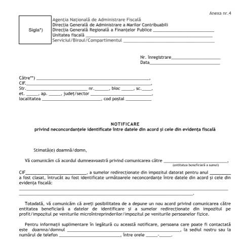 Document preview: Notificare privind neconcordanțele identificate între datele din acord și cele din evidența fiscală (OPANAF 6228/2024) — Documente emise, România (CERFA n°A4_OPANAF_6228_2024)