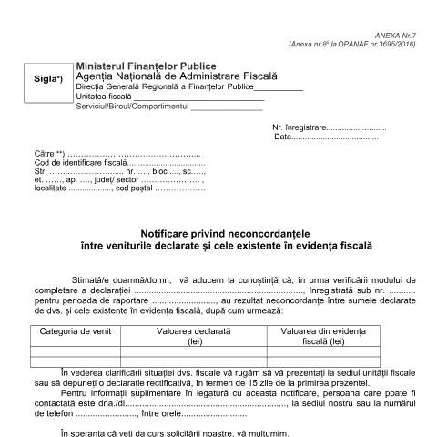 Document preview: Notificare privind neconcordanțele între veniturile declarate și cele existente în evidența fiscală (OPANAF 3695/2016, cu modificările și completările ulterioare) — Documente emise, România (CERFA n°A7_OPANAF_3726_2017)