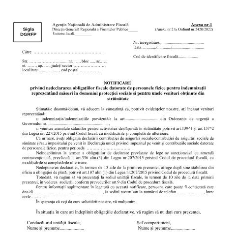 Document preview: Notificare privind nedeclararea obligațiilor fiscale datorate de persoanele fizice pentru indemnizații reprezentând măsuri în domeniul protecției sociale și pentru unele venituri obținute din străinătate (OPANAF 3779/2024) — Documente emise, România (CERFA n°A1_OPANAF_3779_2024)
