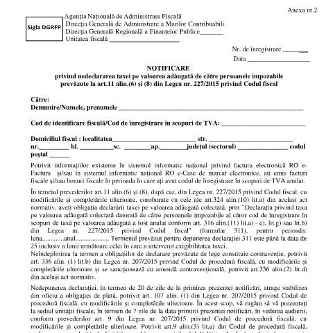 Document preview: Notificare privind nedeclararea taxei pe valoarea adăugată de către persoanele impozabile prevăzute la art. 11 alin. (6) și (8) din Legea nr. 227/2015 privind Codul fiscal (OPANAF 1399/2024) — Documente emise, România (CERFA n°A2_OPANAF_1399_2024)
