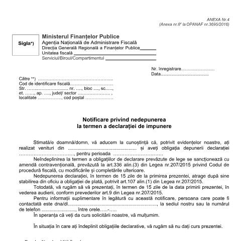 Document preview: Notificare privind nedepunerea la termen a declarației de impunere (OPANAF 3695/2016, cu modificările și completările ulterioare) — Documente emise, România (CERFA n°A4_OPANAF_3726_2017)