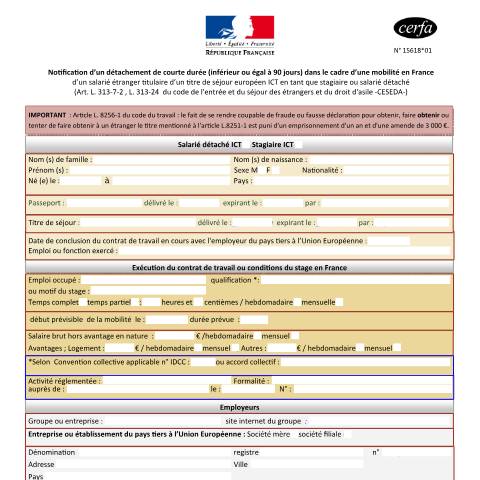 Aperçu du document Notification d'un détachement de courte durée (inférieur ou égal à 90 jours) dans le cadre d'une mobilité en France — Particuliers, France (CERFA n°15618*01)