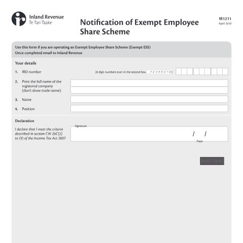 Document preview: Notification of Exempt Employee Share Scheme — Employing staff, New Zealand (CERFA n°IR1211)