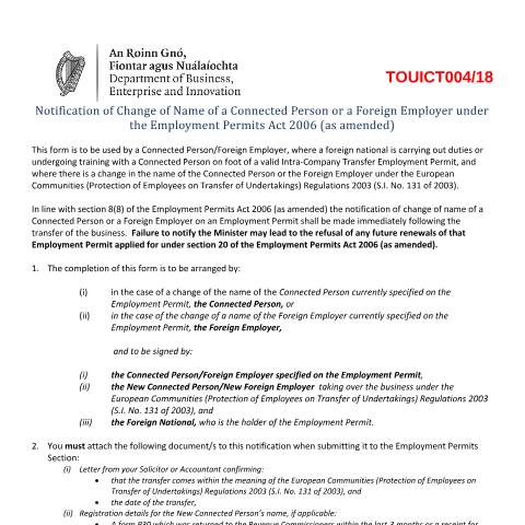 Document preview: Notification of Change of Name of a Connected Person or a Foreign Employer under the Employment Permits Act 2006 (as amended) — Department of Enterprise, Tourism and Employment, Ireland