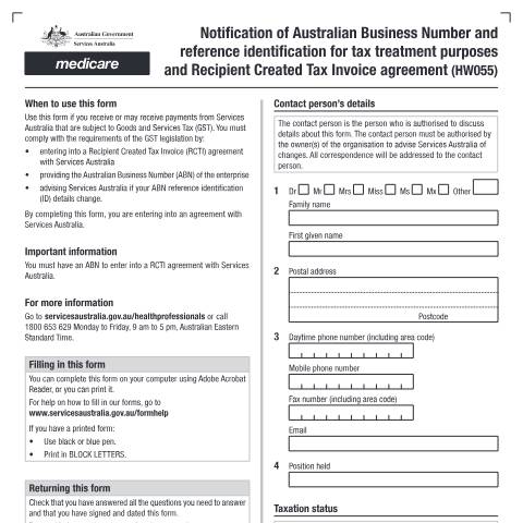 Document preview: Notification of Australian Business Number and reference identification for tax treatment purposes and recipient created tax invoice agreement form (HW055) — Services Australia — Health professionals, Australia (CERFA n°HW055)