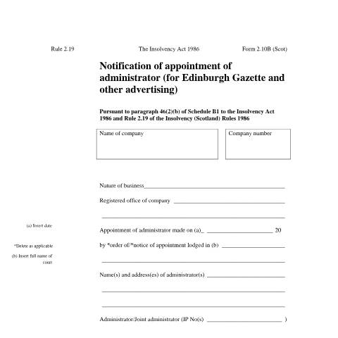 Document preview: Notification: appointment of administrator (for newspaper or Edinburgh Gazette) - form 2.10B (Scotland) — The Insolvency Service, United Kingdom