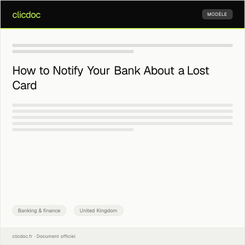 Document preview: Notification of Lost Bank Card — Banking & finance, United Kingdom