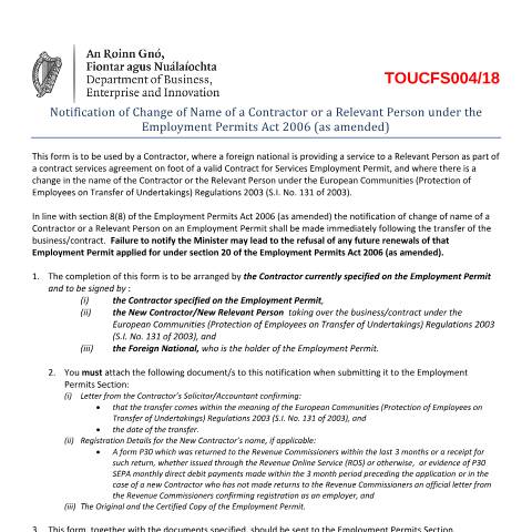 Document preview: Notification of Change of Name of a Contractor or a Relevant Person under the Employment Permits Act 2006 (as amended) — Department of Enterprise, Tourism and Employment, Ireland