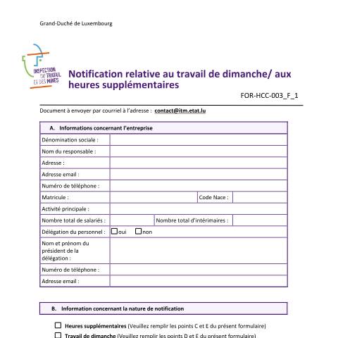 Aperçu du document Notification relative au travail de dimanche / aux heures supplémentaires — Salaires, Luxembourg (CERFA n°FOR-HCC-003-F-1)
