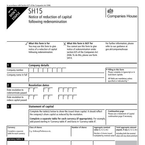 Document preview: Notify a reduction of capital following redenomination (SH15) — Companies House, United Kingdom