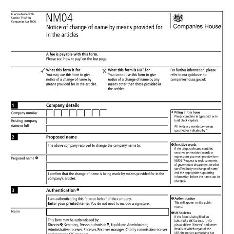 Document preview: Notify a change of name by means provided for in the articles (NM04) — Companies House, United Kingdom
