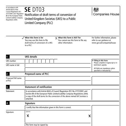 Document preview: Give notice of conversion of a UK societas to a public limited company (SE DT03) — Companies House, United Kingdom