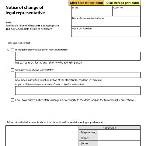 Document preview: Form N434: Tell a court about a change of legal representative — HM Courts & Tribunals Service, United Kingdom
