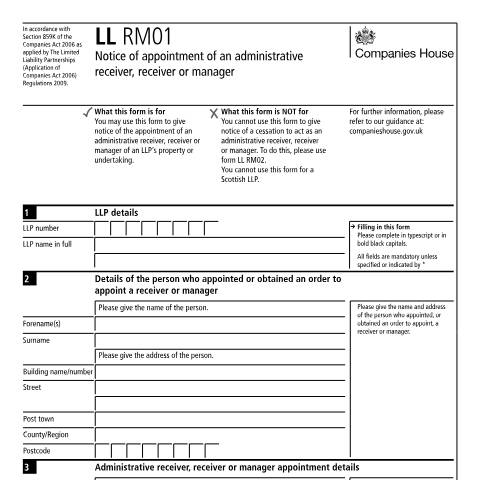Document preview: Appoint an administrative receiver, receiver or manager: limited liability partnership (LL RM01) — Companies House, United Kingdom