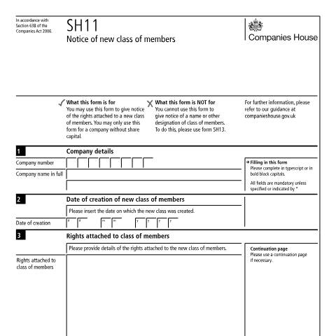 Document preview: Give notice of a new class of members (SH11) — Companies House, United Kingdom