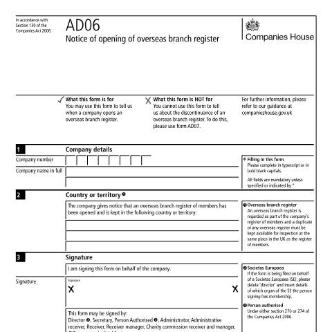 Document preview: Give notice of opening of overseas branch register (AD06) — Companies House, United Kingdom
