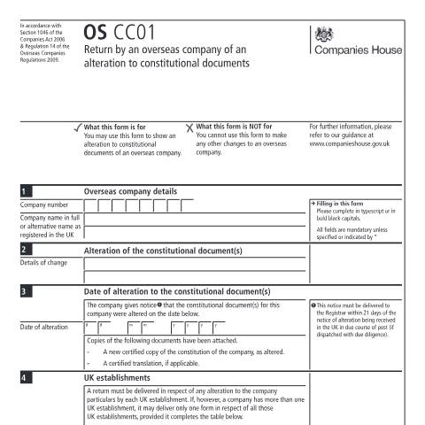 Document preview: Show alteration to constitutional documents of overseas company (OS CC01) — Companies House, United Kingdom
