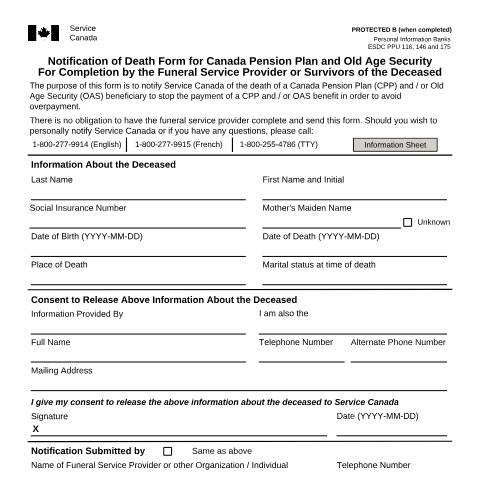 Document preview: Notification of Death Form (CPP/OAS) For completion by the funeral provider or survivors of the deceased with Information sheet — Income Security Programs, Canada (CERFA n°ISP1201)