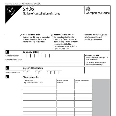 Document preview: Notify a cancellation of shares (SH06) — Companies House, United Kingdom