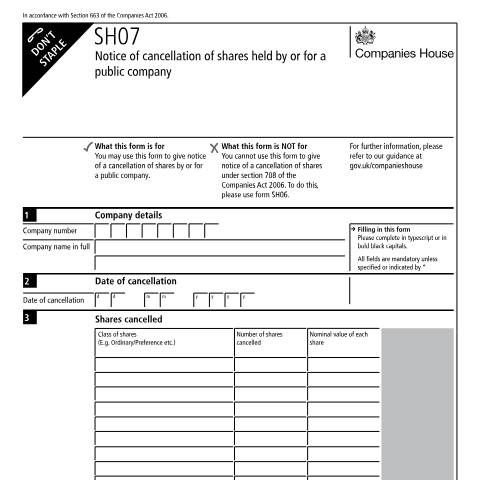 Document preview: Notify a cancellation of shares: public company (SH07) — Companies House, United Kingdom