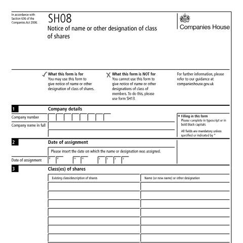Document preview: Notify a name or other designation of class of shares (SH08) — Companies House, United Kingdom