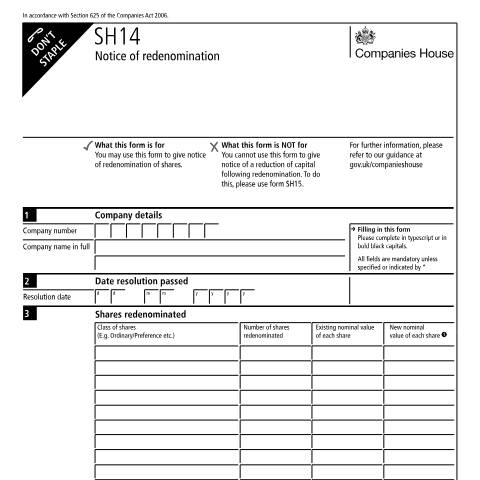 Document preview: Notify a redenomination of shares (SH14) — Companies House, United Kingdom