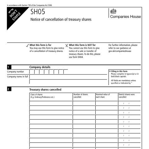 Document preview: Notify a cancellation of treasury shares (SH05) — Companies House, United Kingdom