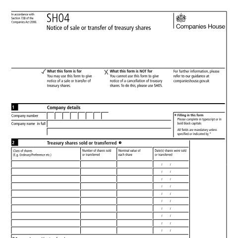 Document preview: Notify a sale or transfer of treasury shares (SH04) — Companies House, United Kingdom