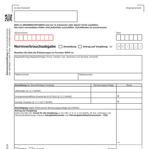Dokumentvorschau: NOVA1 — Anmeldung bzw. Antrag auf Vergütung der Normverbrauchsabgabe (für Unternehmerin/Unternehmer) — Steuern, Österreich (CERFA n°NOVA1)