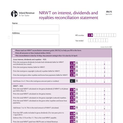 Document preview: NRWT reconciliation statement — Income tax, New Zealand (CERFA n°IR67S)
