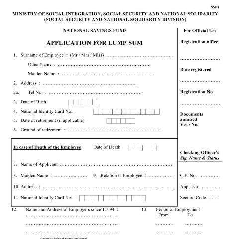 Document preview: NSF Application For Lump Sum — Form, Mauritius (CERFA n°NSF-Application-For-Lump-Sum)