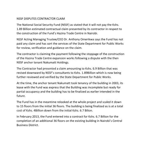 Document preview: NSSF DISPUTES CONTRATOR CLAIM — Form, Kenya (CERFA n°NSSF-DISPUTES-CONTRATOR-CLAIM)