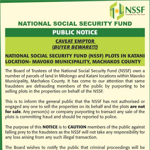Document preview: MAVOKO FRAUD NOTICE NSSF clr 13×2 14(2)(2) — Publication, Kenya (CERFA n°MAVOKO-FRAUD-NOTICE-NSSF-clr-13x2-1422)