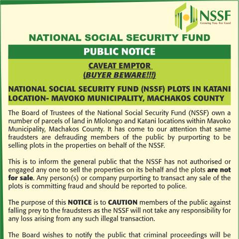 Document preview: MAVOKO FRAUD NOTICE NSSF — Publication, Kenya (CERFA n°MAVOKO-FRAUD-NOTICE-NSSF2)