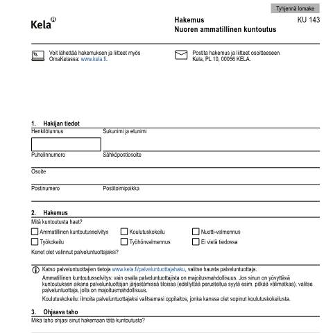 Document preview: Hakemus - Nuoren ammatillinen kuntoutus — Kuntoutus, Suomi (CERFA n°Kela KU 143)
