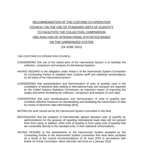 Document preview: توصيات منظمة الجمارك العالمية بخصوص وحدات الكميات — منشورات الجمارك - النولون والقيمة, مصر (CERFA n°منشور 0)