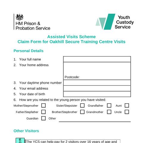 Document preview: Claim form for Oakhill secure training centre visits — Ministry of Justice, United Kingdom