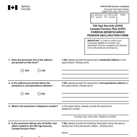 Document preview: OAS/CPP Foreign Beneficiaries Pension Declaration form — Income Security Programs, Canada (CERFA n°ISP0431)