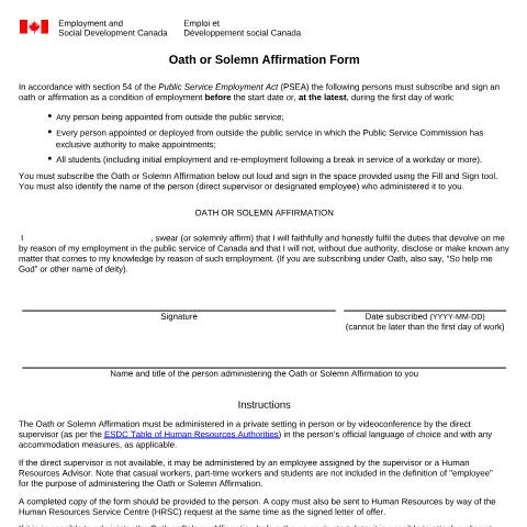Document preview: Oath or solemn affirmation — Government of Canada, Canada (CERFA n°ESDC-HRB5072)