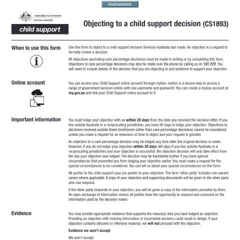 Document preview: Objecting to a Child Support decision — Services Australia — Individuals (by code), Australia (CERFA n°CS1893)