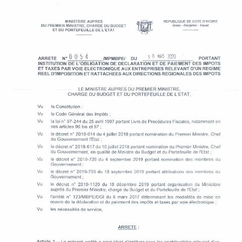 Aperçu du document arrete PORTANT INSTITUTION DE LOBLIGATION — Arrêté, Côte d'Ivoire