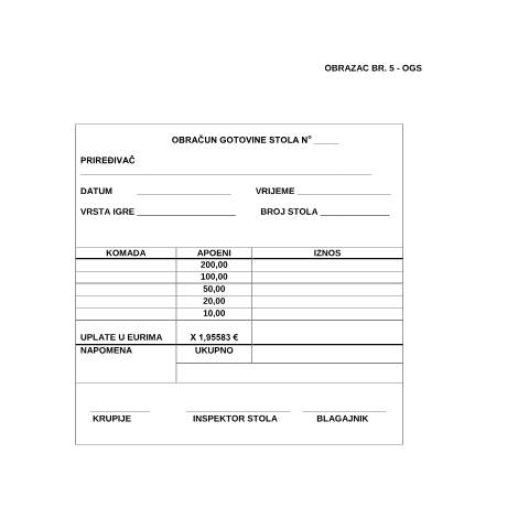 Document preview: OBRAČUN GOTOVINE STOLA — Igre na sreću, Bosna i Hercegovina (CERFA n°OGS)