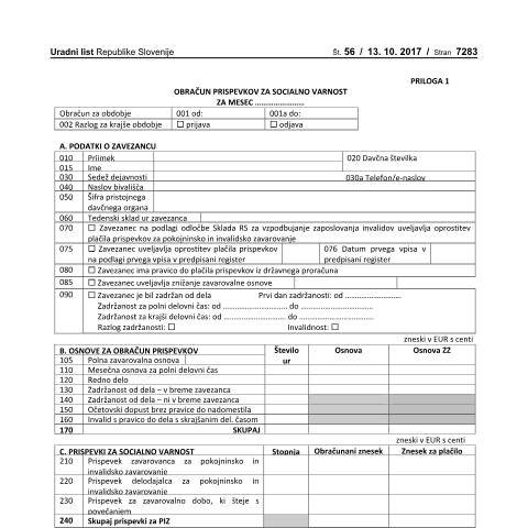 Document preview: Obračun prispevkov za socialno varnost — PODO – Prispevki in davčni odtegljaji, Slovenija (CERFA n°PODO-OPSVZ)
