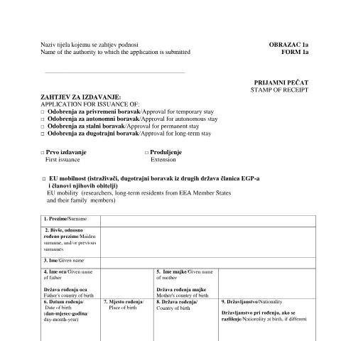 Document preview: Obrazac 1a -travanj 2026 — MUP (interieur), Hrvatska (CERFA n°Obrazac 1a)
