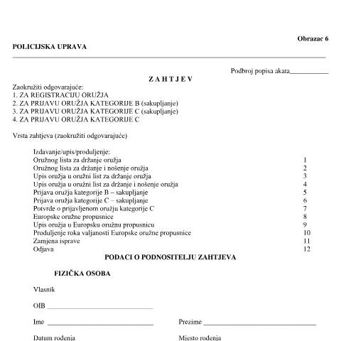 Document preview: Obrazac 6 — MUP (interieur), Hrvatska (CERFA n°Obrazac 6)