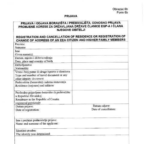 Document preview: OBRAZAC 6B- Prijava i odjava boravišta i prebivališta, prijava promjene adrese za državljane EGP-a — MUP (interieur), Hrvatska (CERFA n°OBRAZAC 6B)