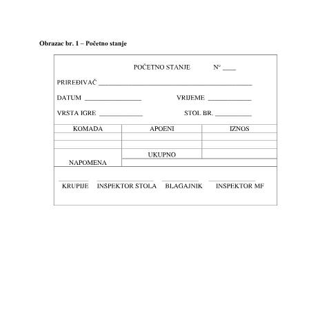 Document preview: Obrazac br. 1 - Početno stanje — Porezna uprava (fisc), Hrvatska (CERFA n°Obrazac br. 1 - Početno stanje)