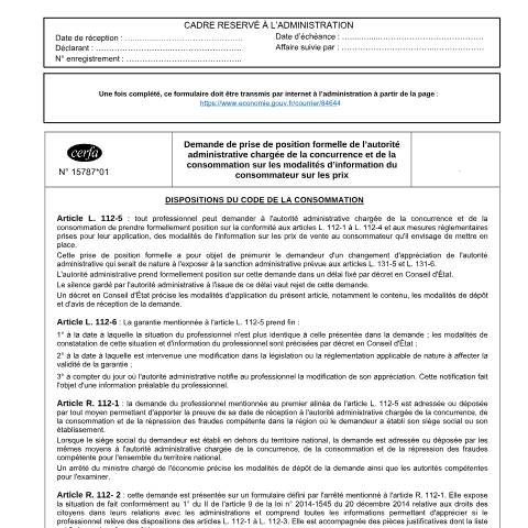 Aperçu du document Obtenir un rescrit en matière d'affichage des prix — Particuliers, France (CERFA n°15787*01)