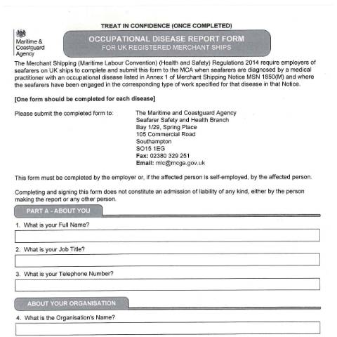Document preview: Occupational disease report form for UK registered merchant ships — Maritime and Coastguard Agency, United Kingdom
